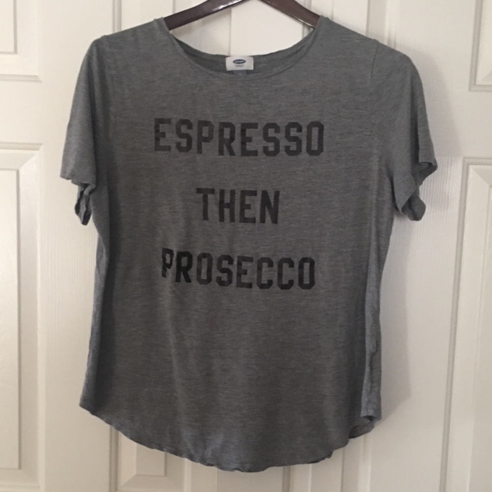 Espresso then prosecco, gray graphic tee, size XL